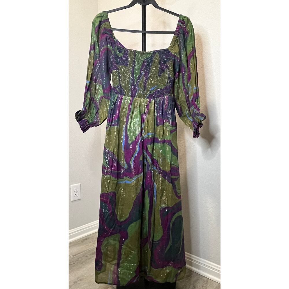NWT Anthropologie Conditions Apply Riyana Metallic Tie Back Midi Dress XS